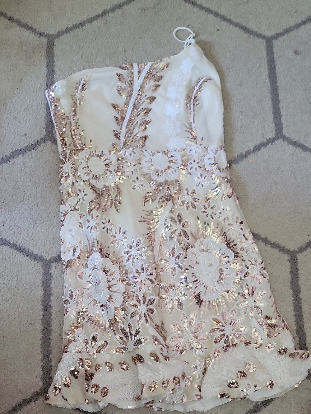Sage White One-Shoulder Dress with Rose Gold Sequin Floral Detail